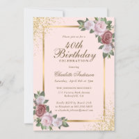 Blush Pink Gold Confetti Floral 40e anniversaire