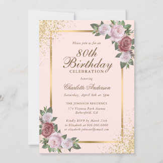 Invitation Blush Pink Gold Confetti Floral 80e anniversaire