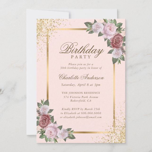 Invitation Blush Pink Gold Confetti Floral fête d'anniversair (Devant)