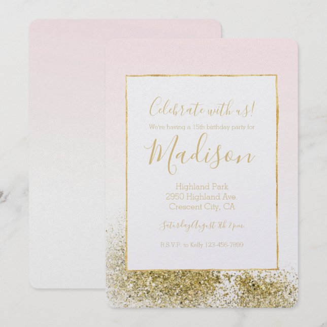 Invitation Blush Pink Gold Faux Parties scintillant Sparkle O (Devant / Derrière)