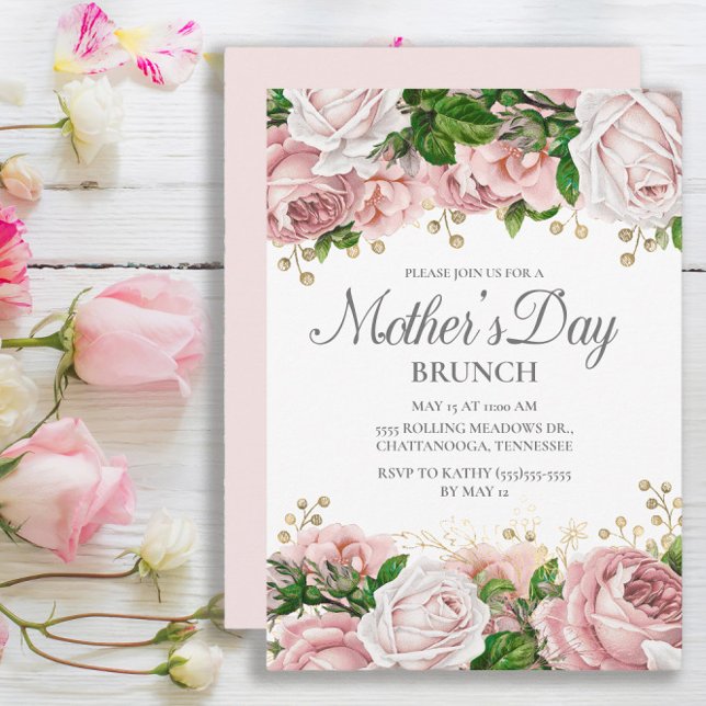 Invitation Blush Pink Gold Floral Fête des Mères Brunch (Elegant pink roses Mother's Day invitation)