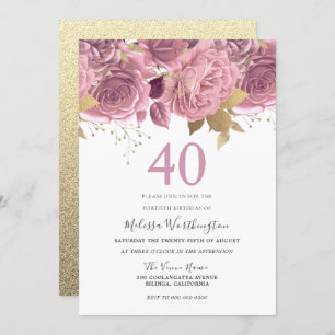 Invitation Blush Pink Gold Flowers 40e fête d'anniversaire