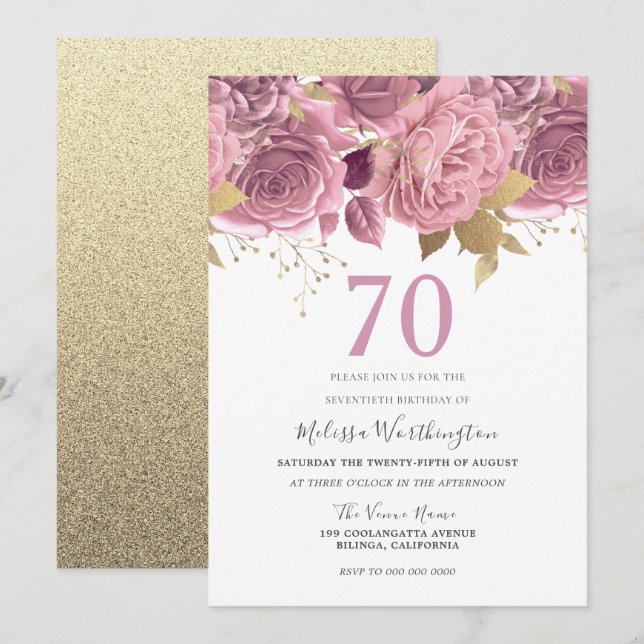 Invitation Blush Pink Gold Flowers 70e fête d'anniversaire (Devant / Derrière)