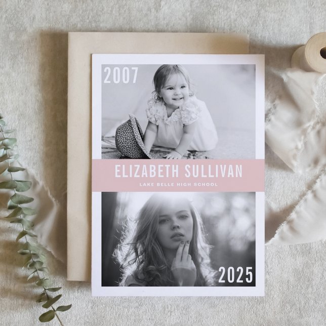 Invitation Blush Pink maintenant et puis Collage de photos Gr (Customizable 'Then and Now' Photo Graduation Invitation with blush background – Personalized Invite)