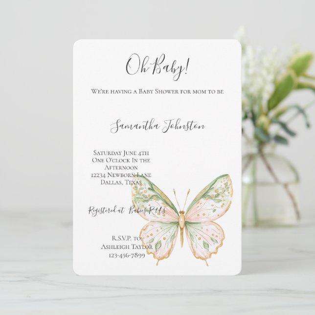 Invitation Blush Pink Mint Green Gold Butterfly Baby Shower  (Debout devant)