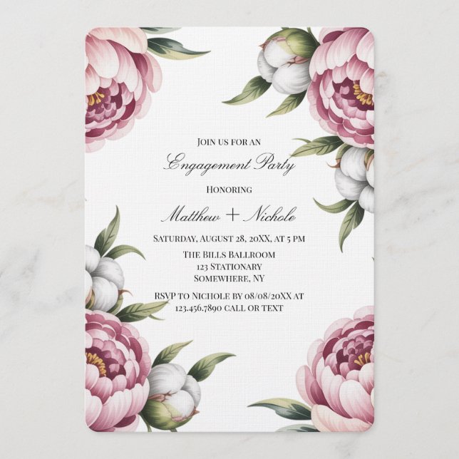 Invitation Blush Pink Peony and Cotton Engagement Party (Devant)