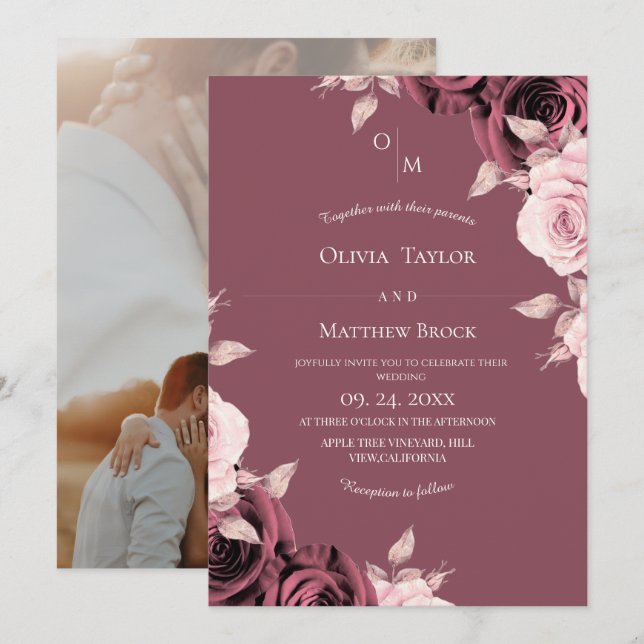 Invitation Blush Pink Rose Floral Classic Wedding  (Devant / Derrière)