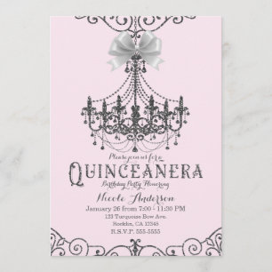 Invitation Blush Pink Silver White Bow Quinceañera 15 15e