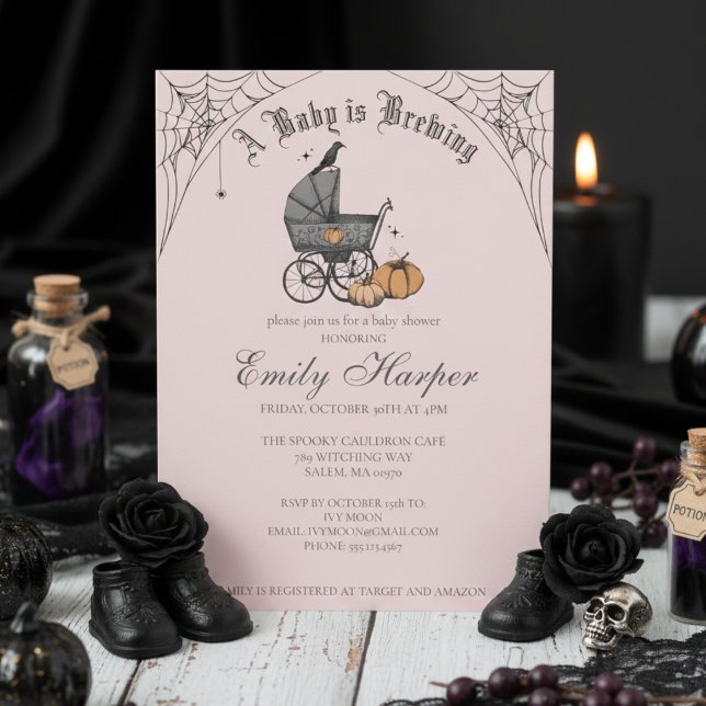 Invitation Blush Pink Un bébé brasse un Baby shower gothique (Gothic Girl Baby Shower Invitations. Hand Drawn Spooky Retro Stroller in Black Ink for Mother to Be.)