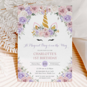 Invitation Blush Purple Blanc Floral Unicorn 1er 2e Anniversa