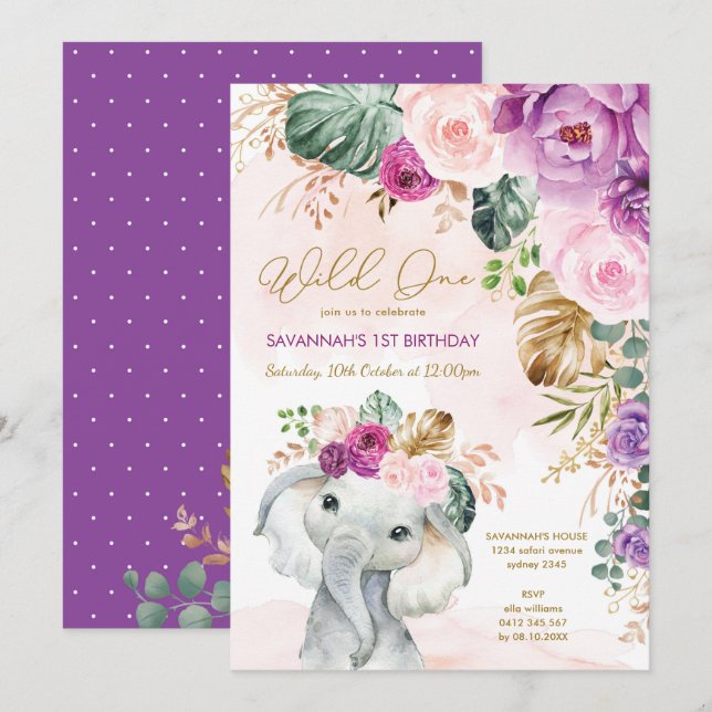 Invitation Blush Purple Tropical Floral Elephant 1er annivers (Devant / Derrière)