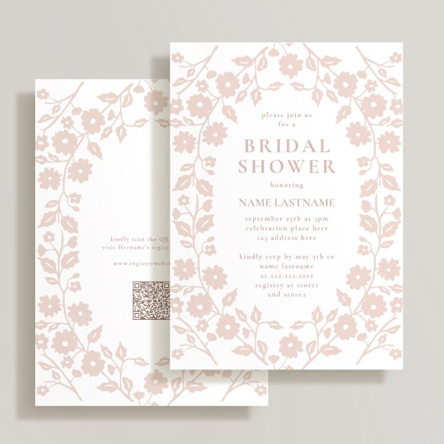 Invitation Blush QR Code Blanc Folal Fête des mariées florale (Créateur téléchargé)