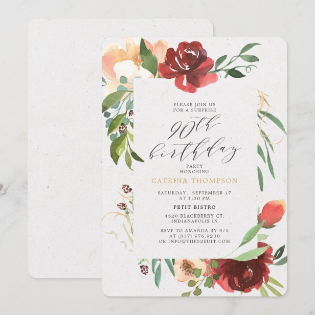 Invitation Blush Red Floral 90e fête d'anniversaire surprise (Devant / Derrière)