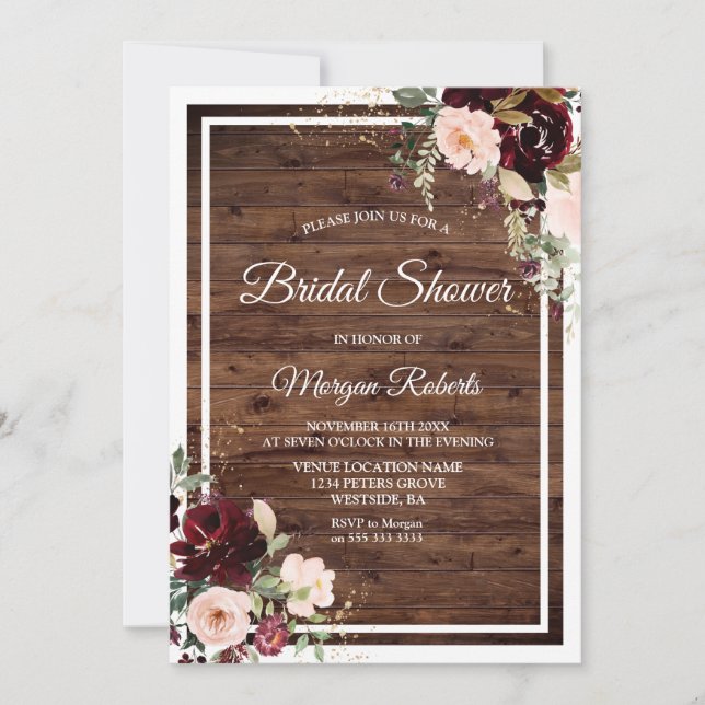 Invitation Blush & Red Wine Floral Fête des mariées rustique (Devant)