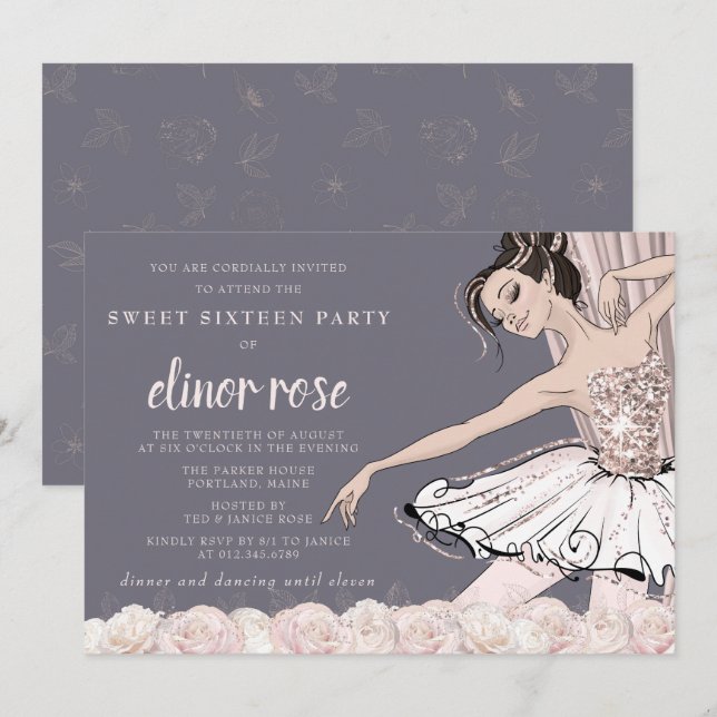 Invitation Blush rose Ballerina Sweet 16 Party (Devant / Derrière)