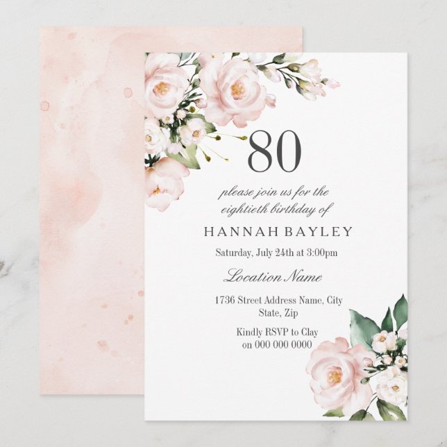 Invitation Blush rose & blanc Floral 80e fête d'anniversaire (Devant / Derrière)