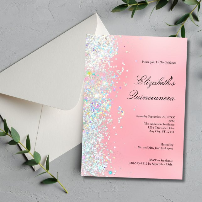 Invitation Blush Rose Blanc Paillettes Glam Bling Quinceanera (Blush pink with pastel glitter 15th Quinceanera Invitation for her. Printed or Digital download)