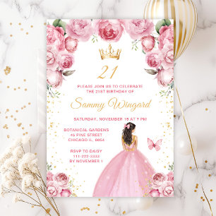 Invitation Blush rose Brunette Cheveux Princesse Anniversaire