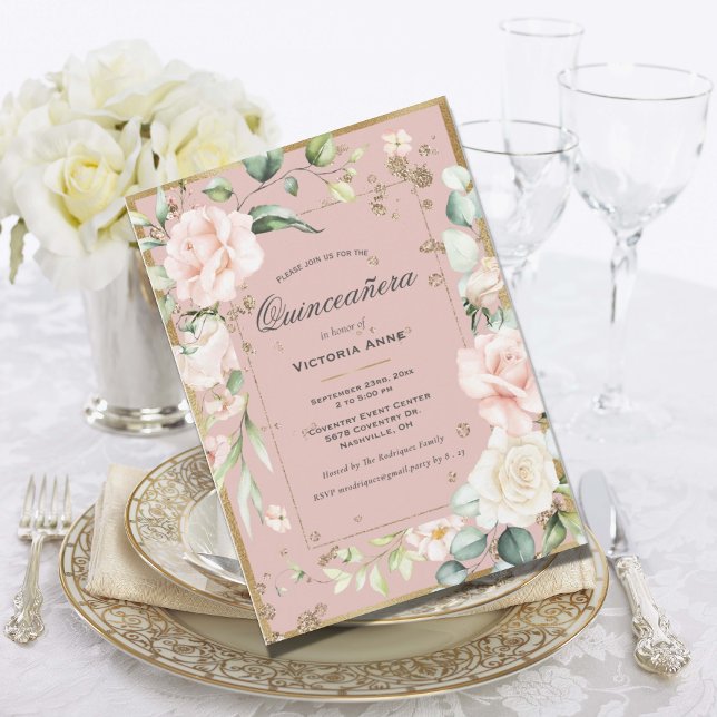 Invitation Blush Rose Doré Élégant Quinceañera Floral (Créateur téléchargé)