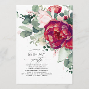 Invitation Blush rose et Bourgogne Red Floral fête d'annivers
