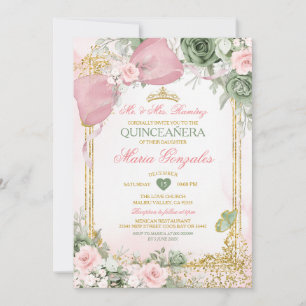 Invitation Blush Rose et Fleurs Vert Sauge Quinceañera