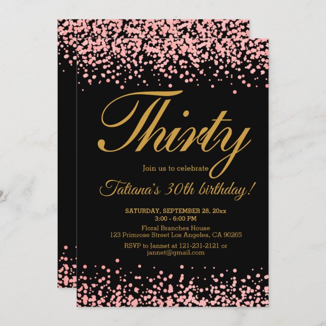 Invitation Blush rose et noir Rose Gold Parties scintillant O (Devant / Derrière)