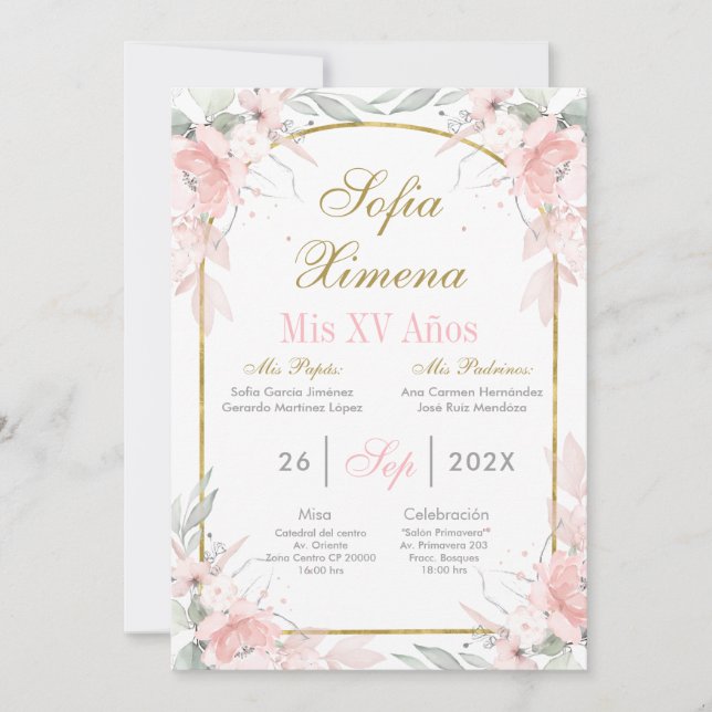 Invitation Blush Rose et Or Arche Quinceañera (Devant)
