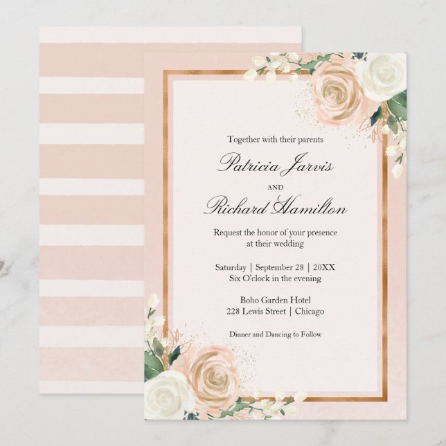 Invitation Blush rose et or Rose Floral Mariage élégant (Devant / Derrière)