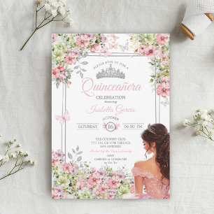 Invitation Blush Rose et Papillon Floral Vert Quinceañera