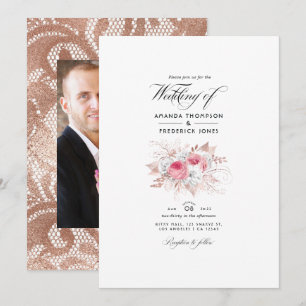 Invitation Blush rose et Rose or Floral et dentelle Mariage I