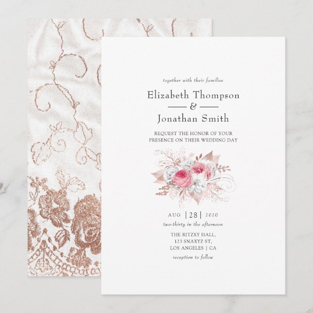 Invitation Blush rose et Rose or Floral et Mariage dentelle (Devant / Derrière)