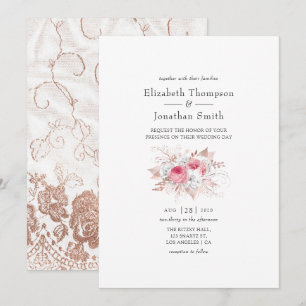 Invitation Blush rose et Rose or Floral et Mariage dentelle