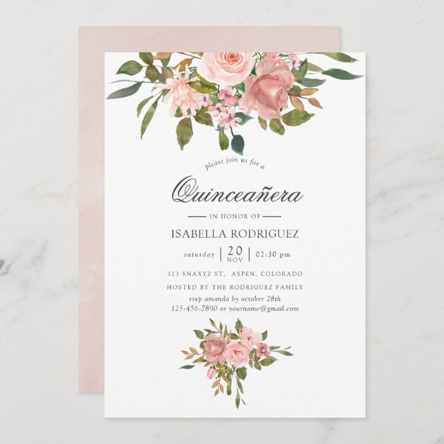 Invitation Blush rose et Rose or Quinceañera (Devant / Derrière)