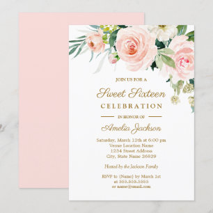 Invitation Blush Rose Fleurs Aquarelle Sweet 16