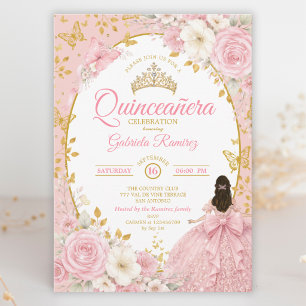 Invitation Blush Rose Fleurs Quinceañera Papillon Doré