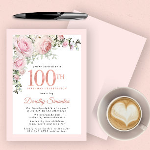 Invitation Blush rose floral 100e fête d'anniversaire
