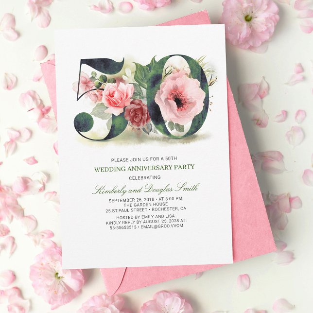 Invitation Blush rose floral 50e anniversaire de mariage (Créateur téléchargé)