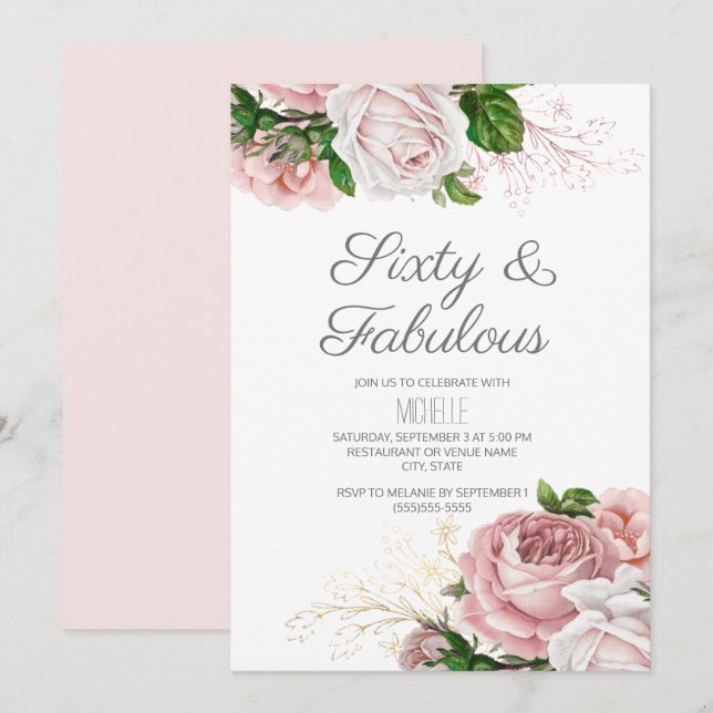 Invitation Blush rose Floral 60 et Fabuleux anniversaire (Devant / Derrière)