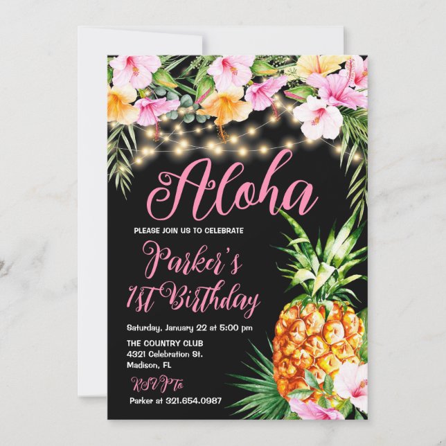 Invitation Blush rose floral Aloha ananas fête d'anniversaire (Devant)