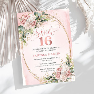 Invitation Blush Rose Floral Eucalyptus Sweet 16 Anniversaire
