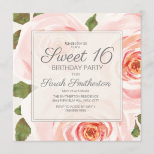 Invitation Blush rose Floral Feuilles doux 16 filles d'annive