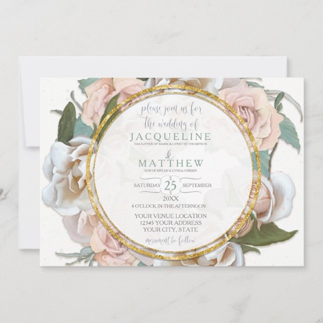 Invitation Blush Rose Floral Gold Modern Script écriture manu (Devant)