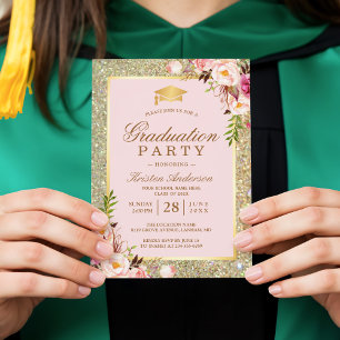 Invitation Blush Rose Floral Gold Sparkles Graduation Party