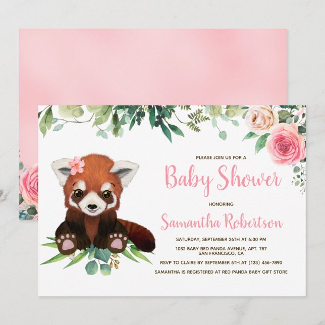 Invitation Blush rose Floral mignon Ours Baby shower fille (Devant / Derrière)
