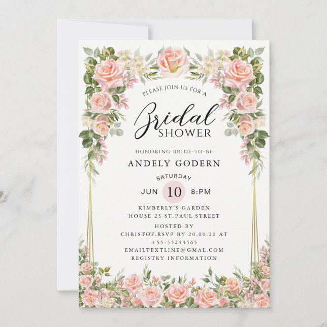 Invitation Blush Rose Floral Modern Bridal Shower (Devant)