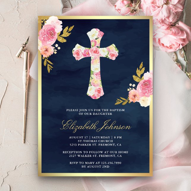 Invitation Blush rose Floral Navy Bleu Or Baptême (Créateur téléchargé)