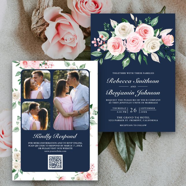 Invitation Blush rose Floral Navy bleu QR Code Mariage (Créateur téléchargé)