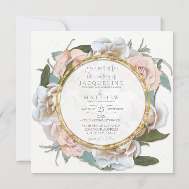 Invitation Blush Rose Floral Or Moderne Typographie Script (Devant)