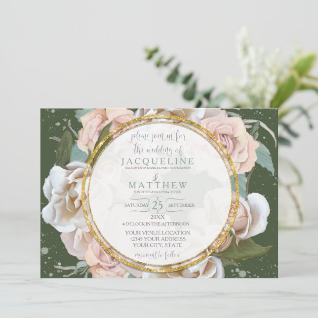 Invitation Blush Rose Floral Or Moss Green Foliage Élégant (Debout devant)