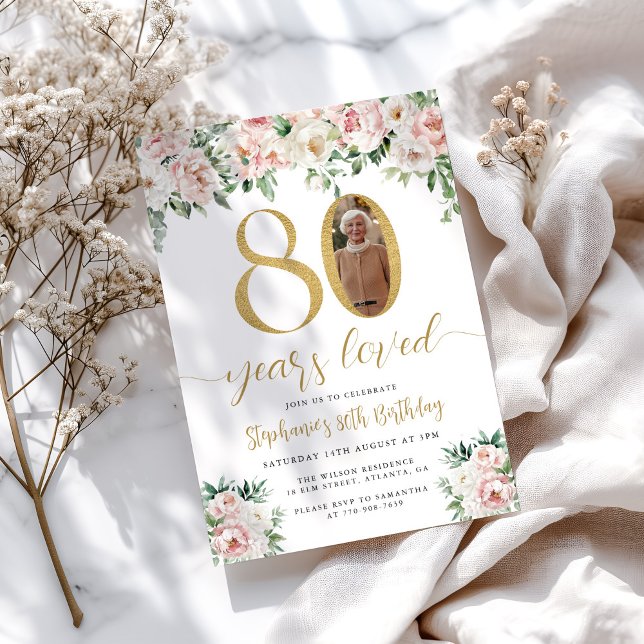 Invitation Blush rose floral photo 80e anniversaire Invitatio (Créateur téléchargé)